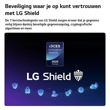 LG Shield, toegepast op LG OLED evo AI C6, wordt weergegeven met een LG Shield-logo in het midden, beveiligingspictogrammen onderaan en bovenaan een CES Innovation Awards 2026-badge met eervolle vermelding, die staat voor gegevens- en systeembescherming.